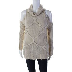 Roi Womens Cotton Thick Cable Knit Cold Shoulder Turtleneck Sweater White Size L